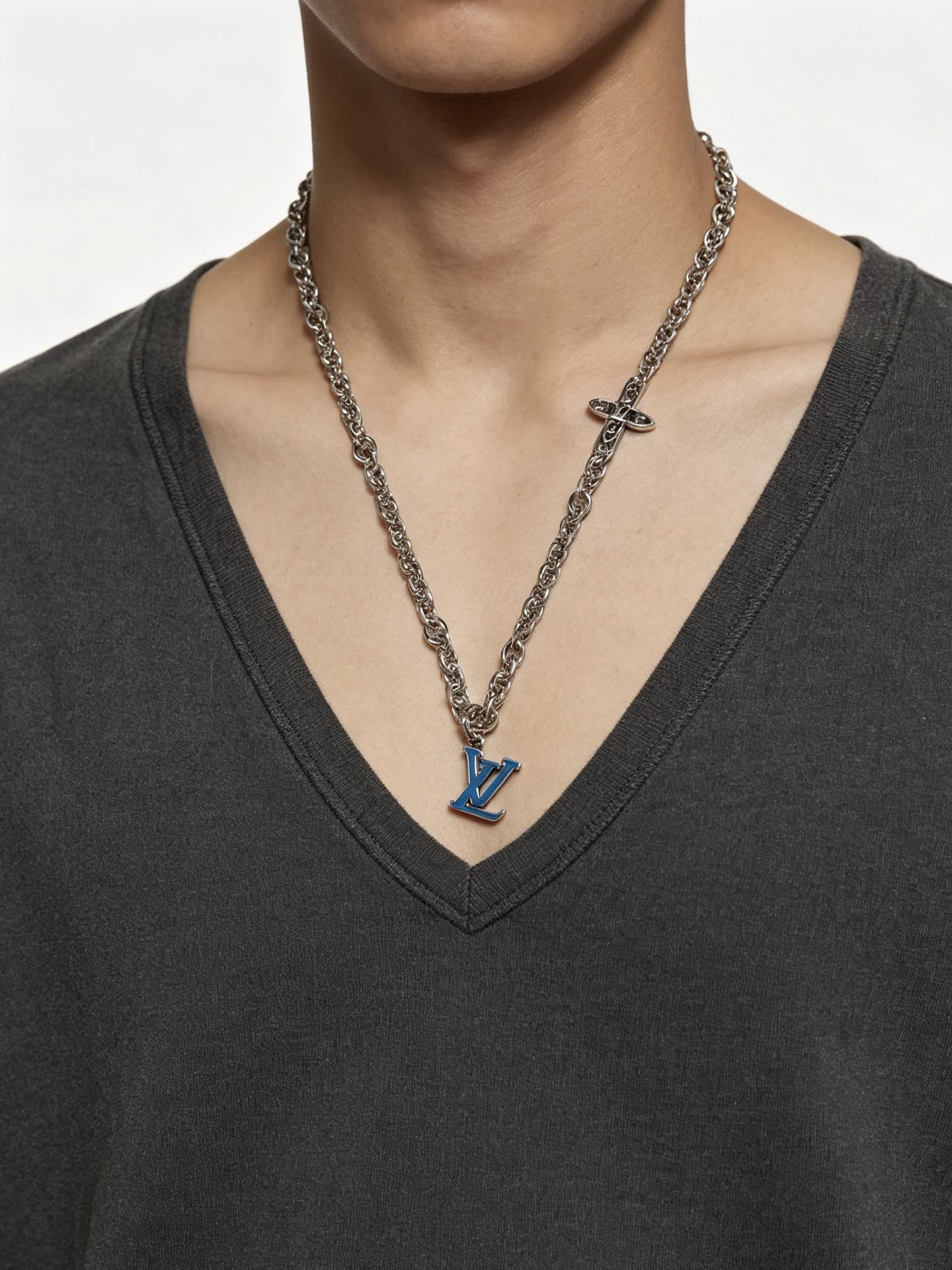 Louis Vuitton Silver Chain Necklace with LV Logo
